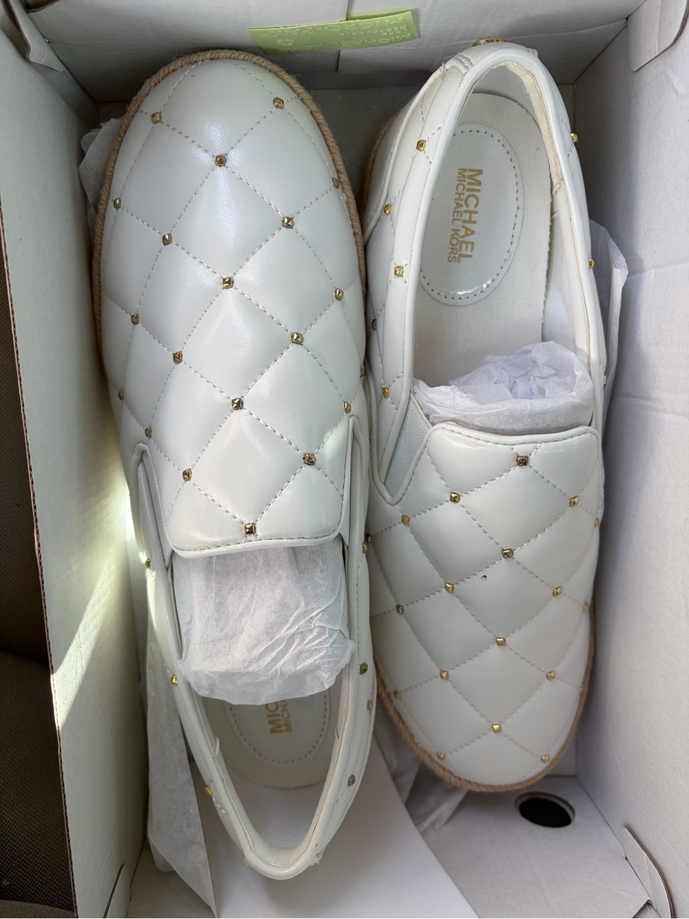 Michael Kors White Quilted Slip-On Loafers with Gold Studs